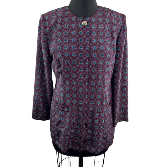 VINTAGE Leslie Fay Pink Floral Button-Up Longline Jacket Blazer VTG 8 Petite USA - Picture 1 of 10